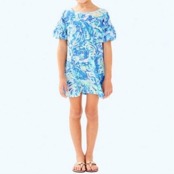 LILLY PULITZER Girl's Mini Lindell Dress Bennet Blue Shell Puff Sleeve, XL 12 14 - Picture 2 of 7